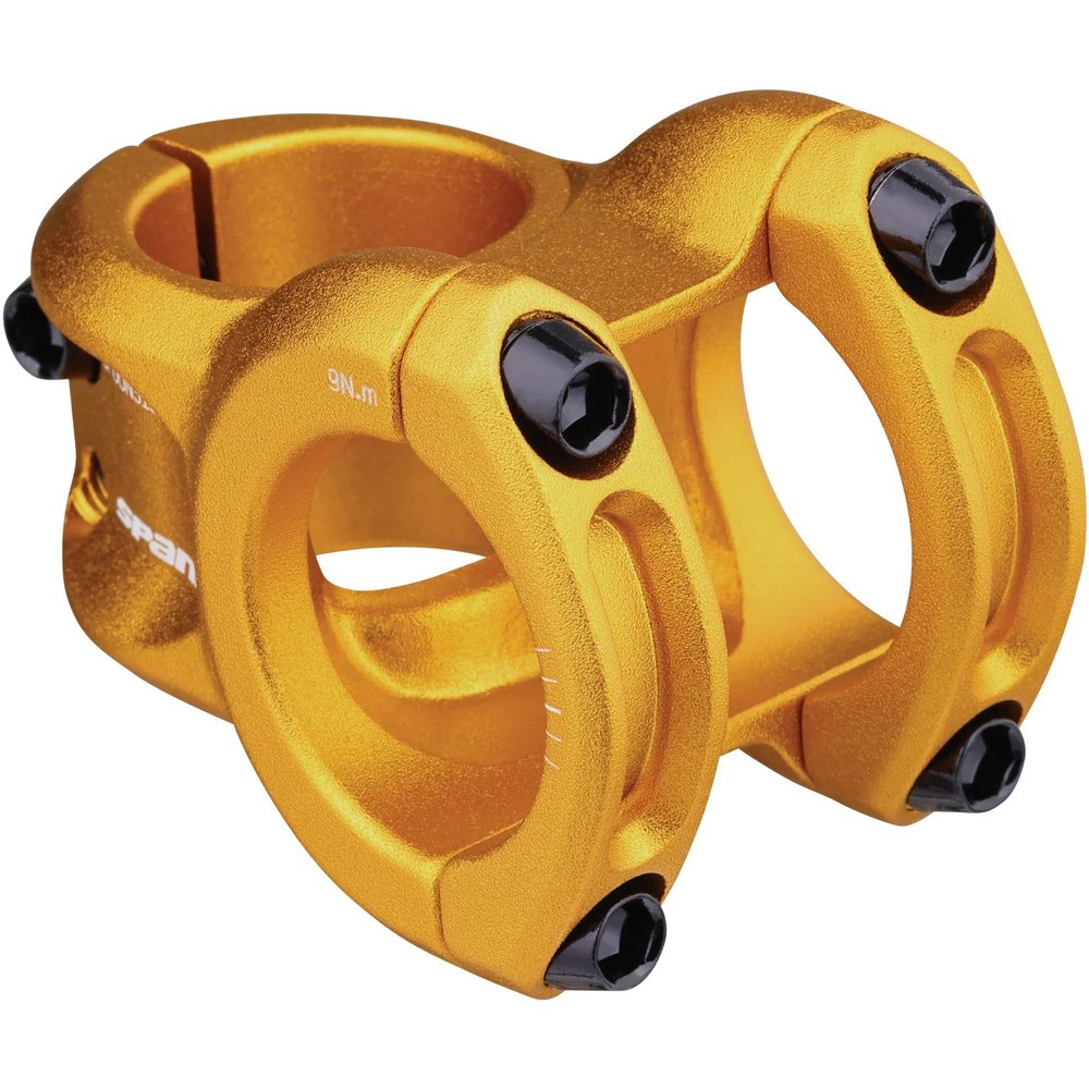 Spank Spoon 318 Stem Gold (Diameter 31.8mm, Length: 33/43mm, Rise: 0), Chamfered bar clamp, Ultra-short stack height, Bicycle Stem, Ideal, All mountain, enduro, trail, free ride, DJ, E-Bike