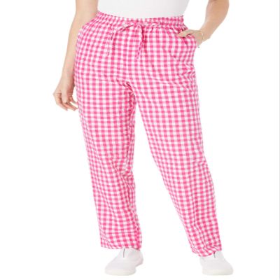 Woman Within Plus Size Seersucker Pull-On Elastic-Waist Pants - 34 W, Raspberry Sorbet Gingham