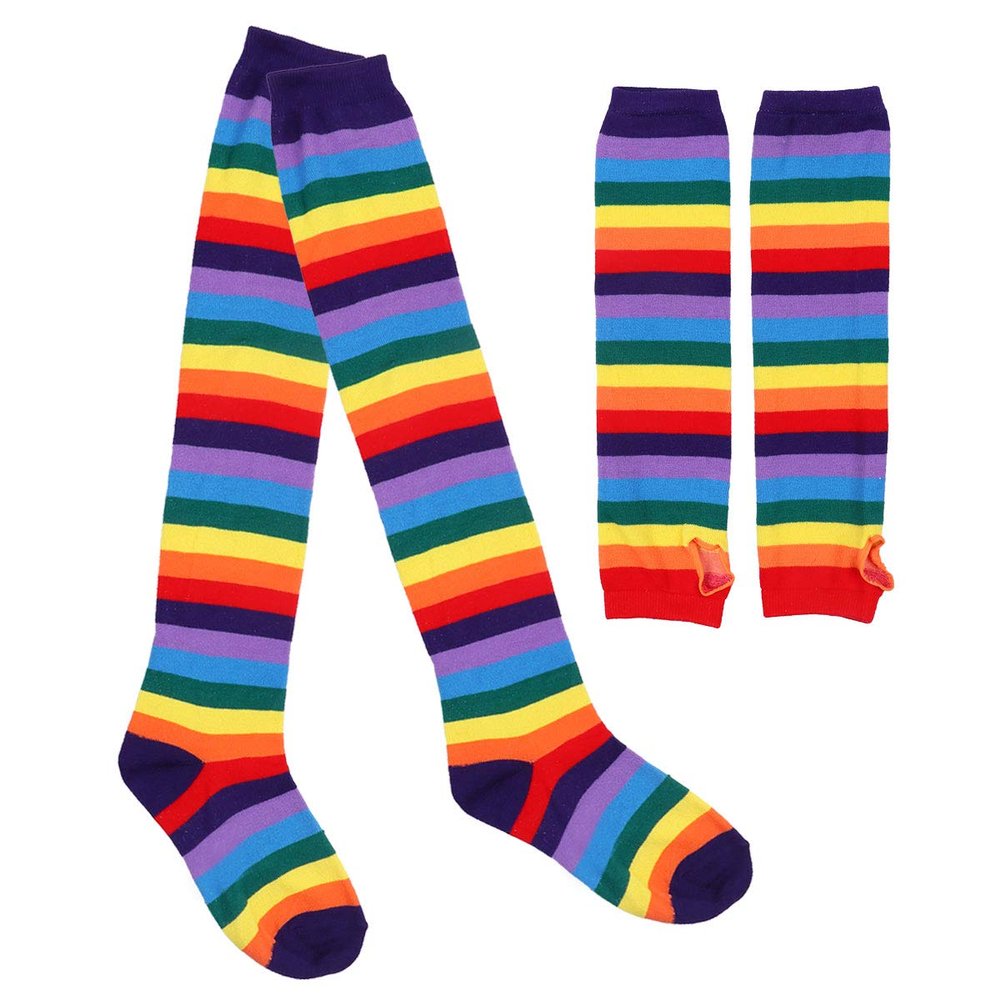 Aislor Women's Rainbow Striped Socks Knitted Stretch Knee High Stockings Long Arm Warmer Fingerless Mitten Gloves Set Colorful Socks&Gloves