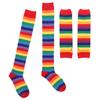 Aislor Women's Rainbow Striped Socks Knitted Stretch Knee High Stockings Long Arm Warmer Fingerless Mitten Gloves Set Red Socks view 1