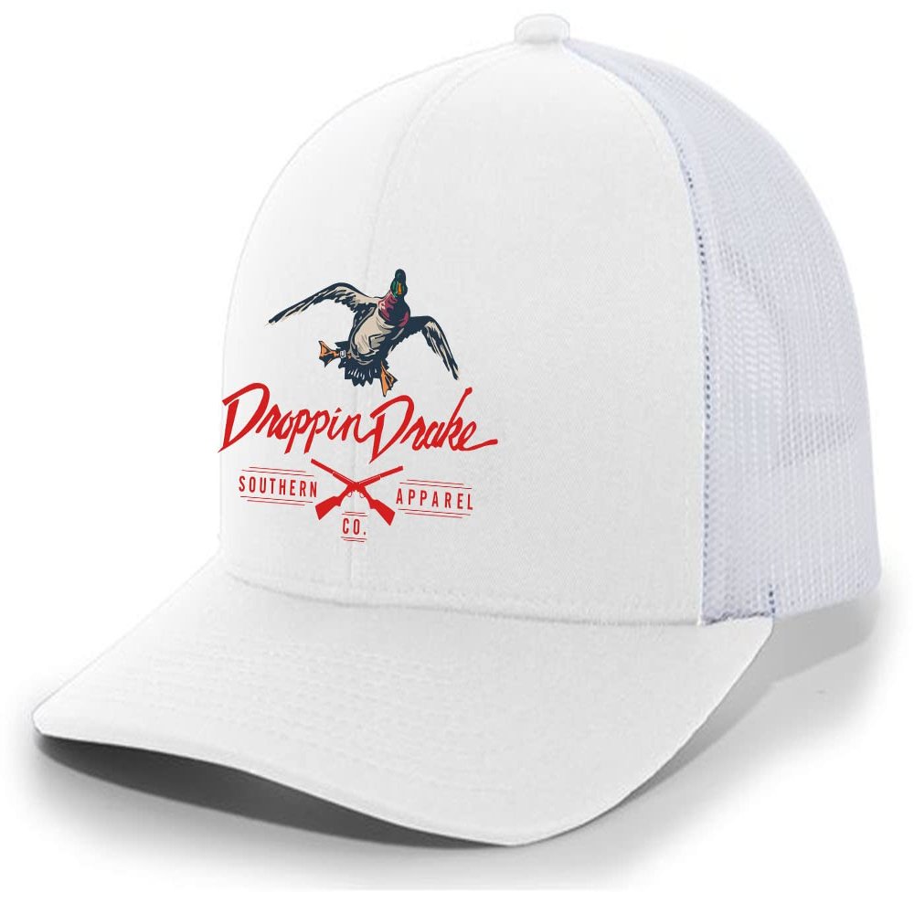 Droppin Drake Mallard Duck and Gun X Logo Mesh Back Trucker Hat-White