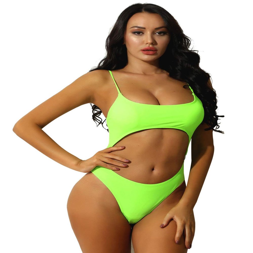 renvena Women One Piece Monokini Back Strapes Crisscross Crop Top Side Ring Connected Briefs Bathing Suit Fluorescent_Yellow Small
