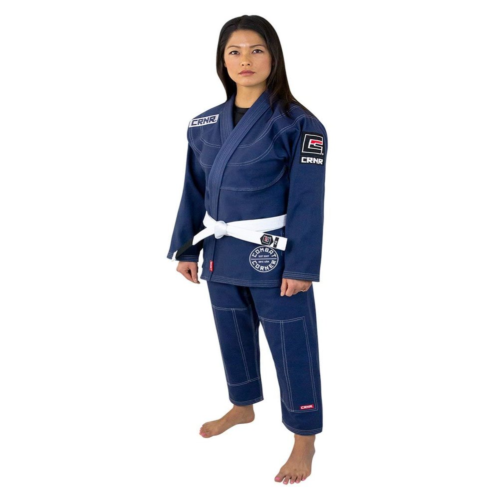 Combat Corner Women BJJ GI v6 Ultra Light Preshrunk IBJJF Approved Brazilian Jiu Jitsu for Women | Adult & Youth Sizes - Free BJJ Gi White Belt (Navy Blue, F-1)