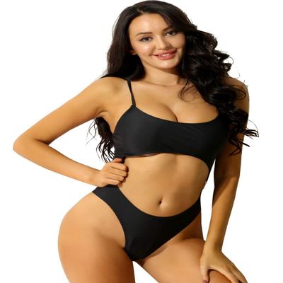 renvena Women One Piece Monokini Back Strapes Crisscross Crop Top Side Ring Connected Briefs Bathing Suit Black Large