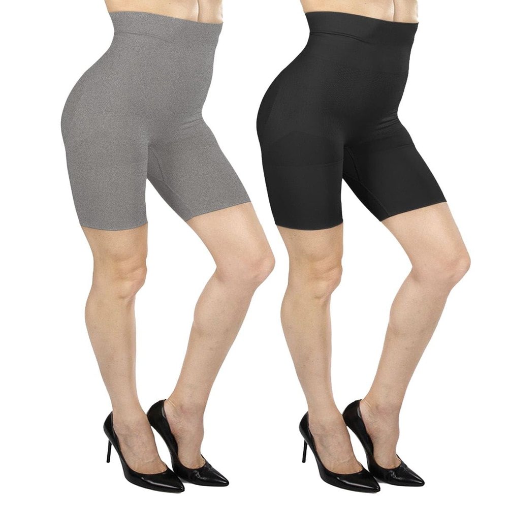 MeMoi 2 Pair High-Waist Shapewear Shorts, Smooth Thigh Shaper Shorts, Comfortable Womens Shapewear - Sizes S-4X, Gray Heather-Black, L