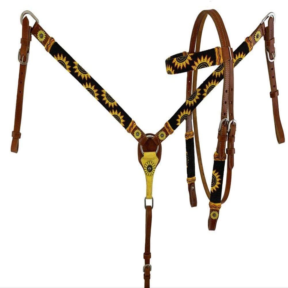 Showman Medium Oil Leather Browband Headstall & Breast Collar Set w/Beaded Sunflower Design