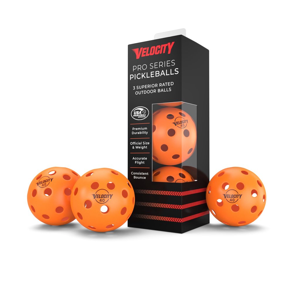 Velocity Outdoor Pickleball Balls, 3 Pack in Orange - USAPA Approved Official Size and Weight 40 Hole Pickleballs