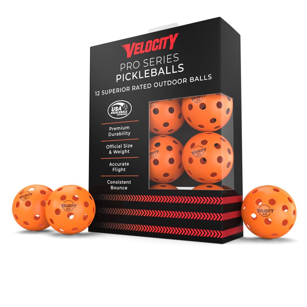 Velocity Outdoor Pickleball Balls, 12 Pack in Orange - USAPA Approved Official Size and Weight 40 Hole Pickleballs
