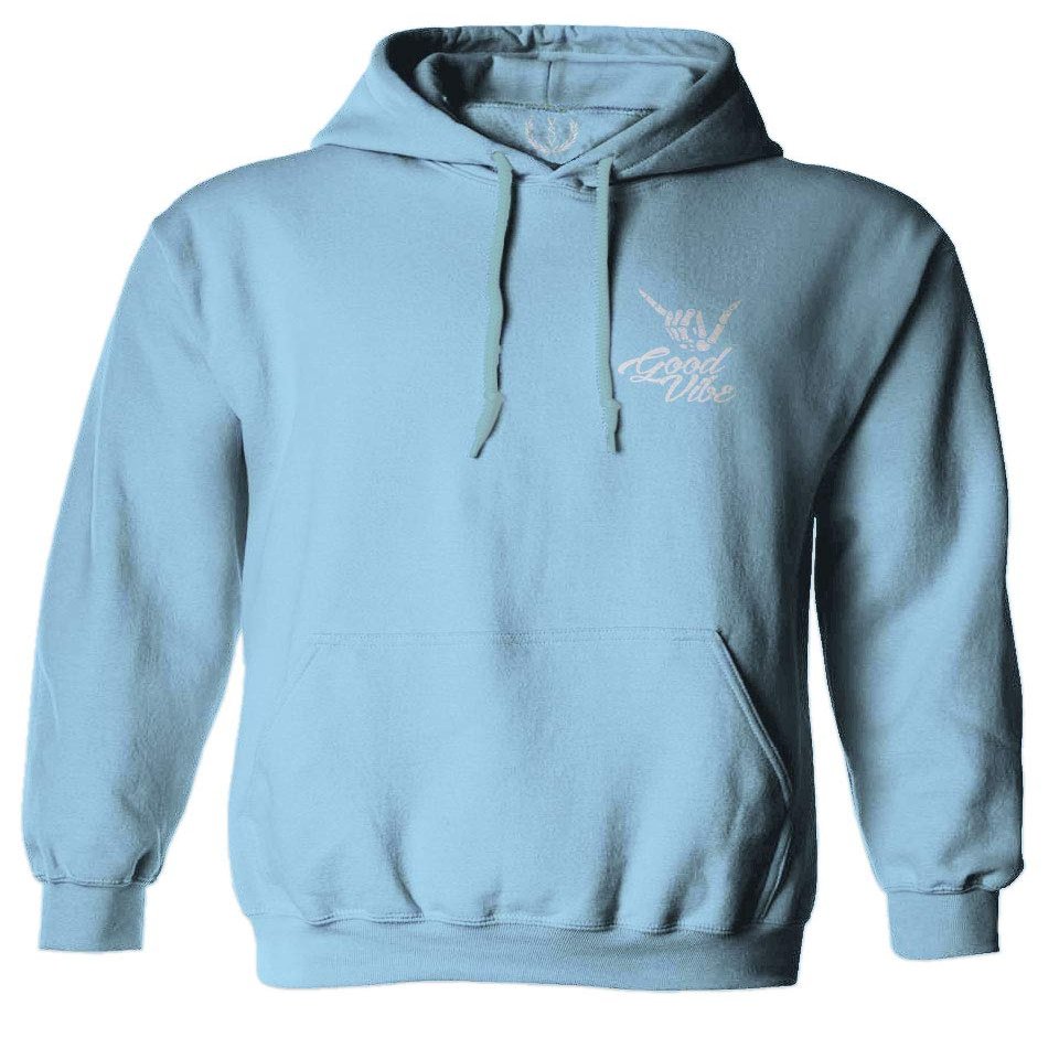 0012. Good Vibe Bones Hand Shaka Cool Vintage Hipster Graphic Sweatshirt Pullover Hoodie (Light Blue, Medium)