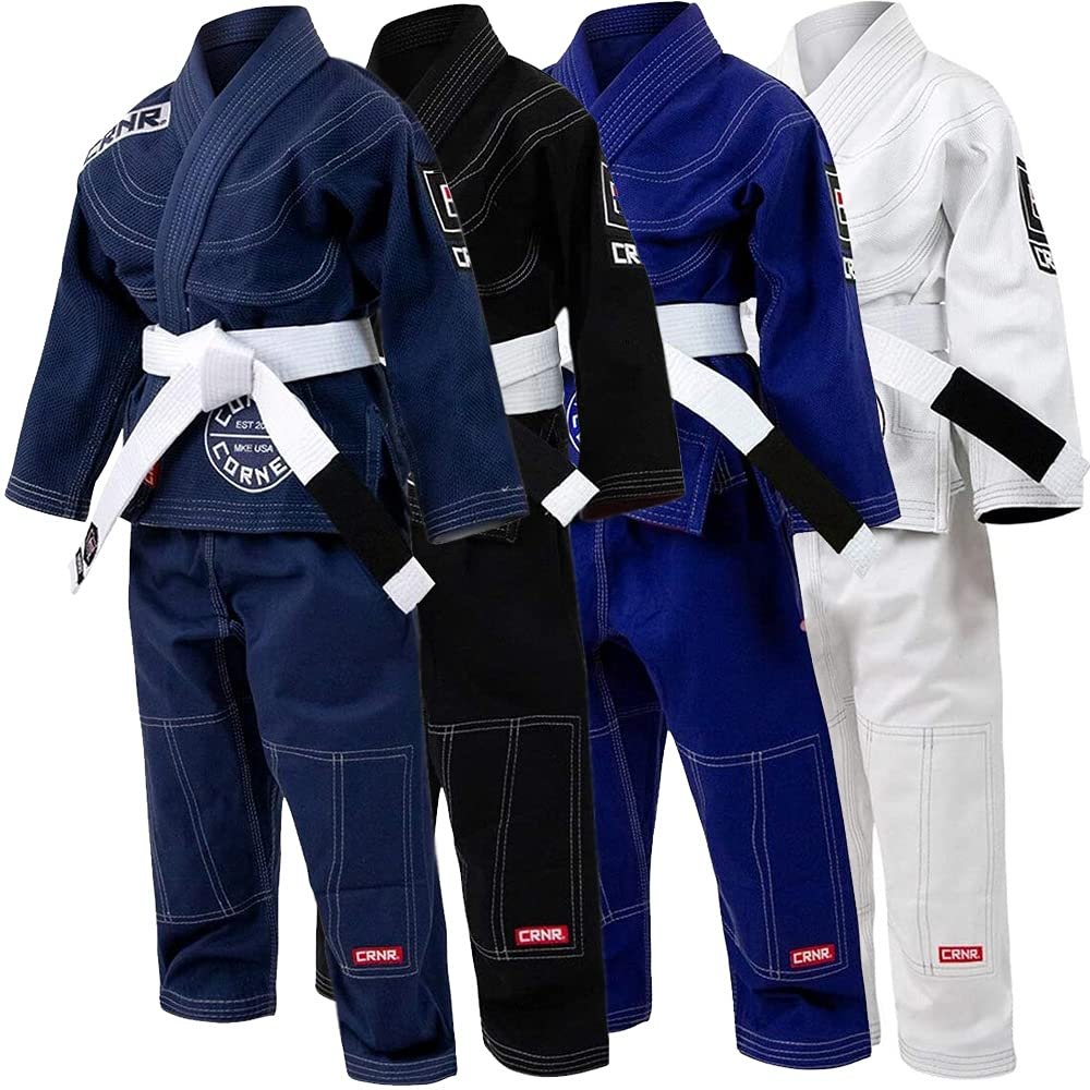 Combat Corner Kids BJJ GI v6 Ultra Light Preshrunk IBJJF Approved Brazilian Jiu Jitsu for Boys and Girls | Free BJJ Gi White Belt (Navy Blue, Y-00)