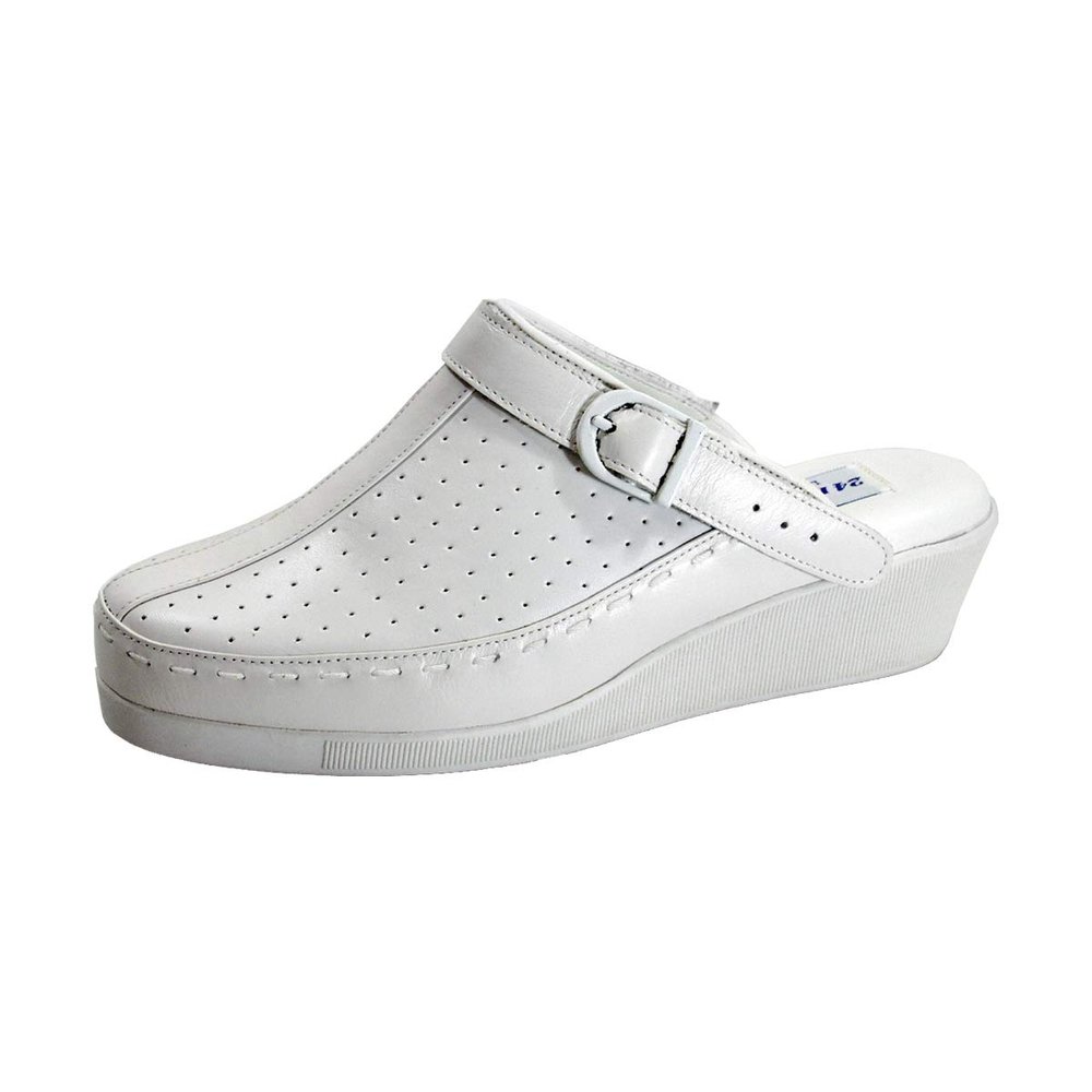 24 Hour Comfort Gertrude (1876) Women's Wide Width Swivel Strap Leather Clogs White 5