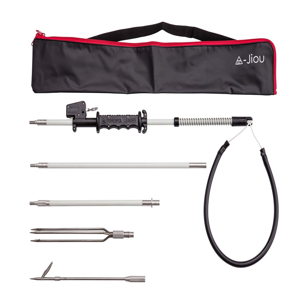 A MC JIOU Fishing Pole Spear semi-Automatic Glass Fiber 5.5' Travel 3 Pieces Hawaiian Sling with 2 Tips and Bag