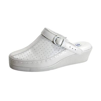 24 Hour Comfort Gertrude (1876) Women's Wide Width Swivel Strap Leather Clogs White 5.5