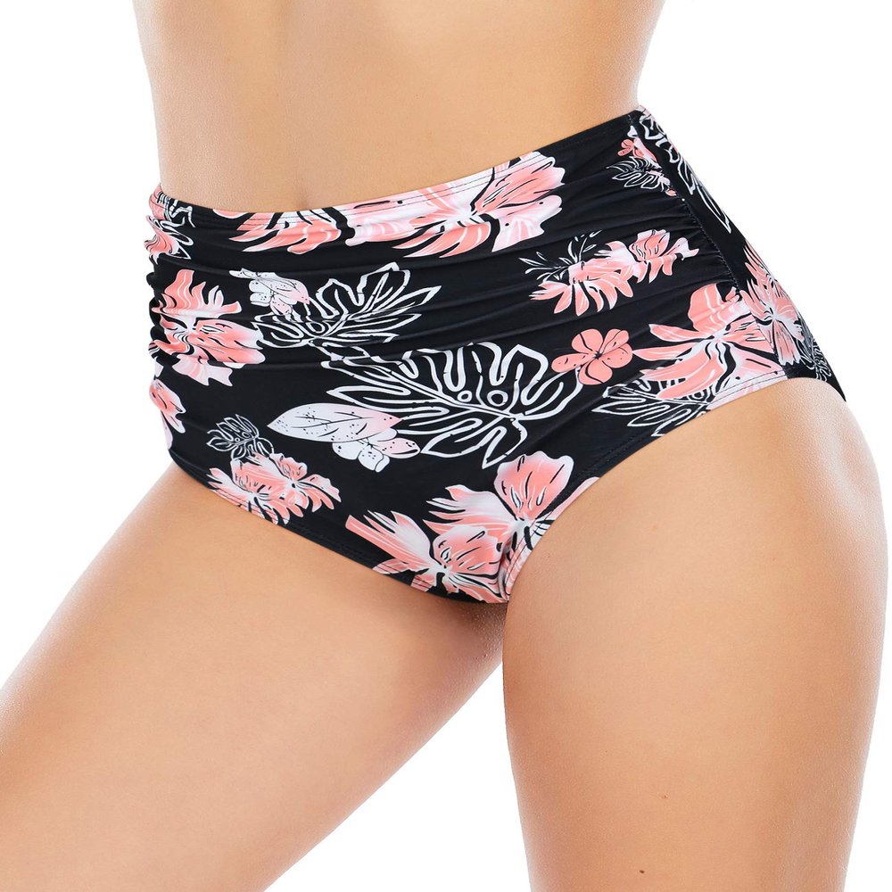 High Waisted Bikini Bottoms Ruched Tummy Control Swimsuits Bottoms Sexy Swim Bottom Bathing Suits for Women Pink Floral 2XL