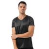 ACSUSS Men Shiny Satin V Neck Short Sleeve Solid Color T-Shirt Loose Pajamas Crop Tops Sleepwear Black Medium view 3