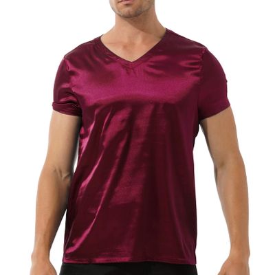 ACSUSS Men Shiny Satin V Neck Short Sleeve Solid Color T-Shirt Loose Pajamas Crop Tops Sleepwear Burgundy XX-Large