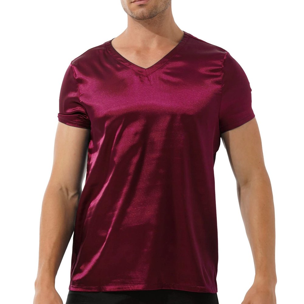 ACSUSS Men Shiny Satin V Neck Short Sleeve Solid Color T-Shirt Loose Pajamas Crop Tops Sleepwear Burgundy XX-Large