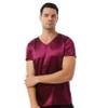 ACSUSS Men Shiny Satin V Neck Short Sleeve Solid Color T-Shirt Loose Pajamas Crop Tops Sleepwear Burgundy XX-Large view 3