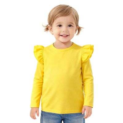Magic Park 12M-14Y Baby Girl Blouse Toddler Short Long Ruffle T-Shirts Kids Girl Solid Color Tee Casual Tops for Girls (0032G_Yellow, 3-4 Years)