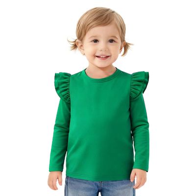 Magic Park 12M-14Y Baby Girl Blouse Toddler Short Long Ruffle T-Shirts Kids Girl Solid Color Tee Casual Tops for Girls (0032F_Green, 3-4 Years)