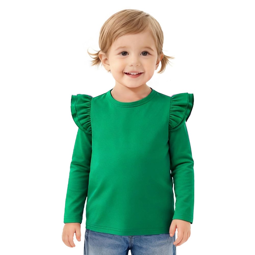 Magic Park 12M-14Y Baby Girl Blouse Toddler Short Long Ruffle T-Shirts Kids Girl Solid Color Tee Casual Tops for Girls (0032F_Green, 3-4 Years)