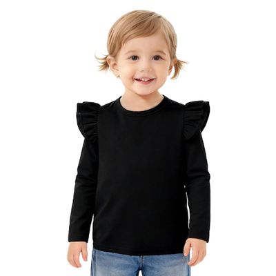 Magic Park 12M-14Y Baby Girl Blouse Toddler Short Long Ruffle T-Shirts Kids Girl Solid Color Tee Casual Tops for Girls (0032A_Black, 5-6 Years)