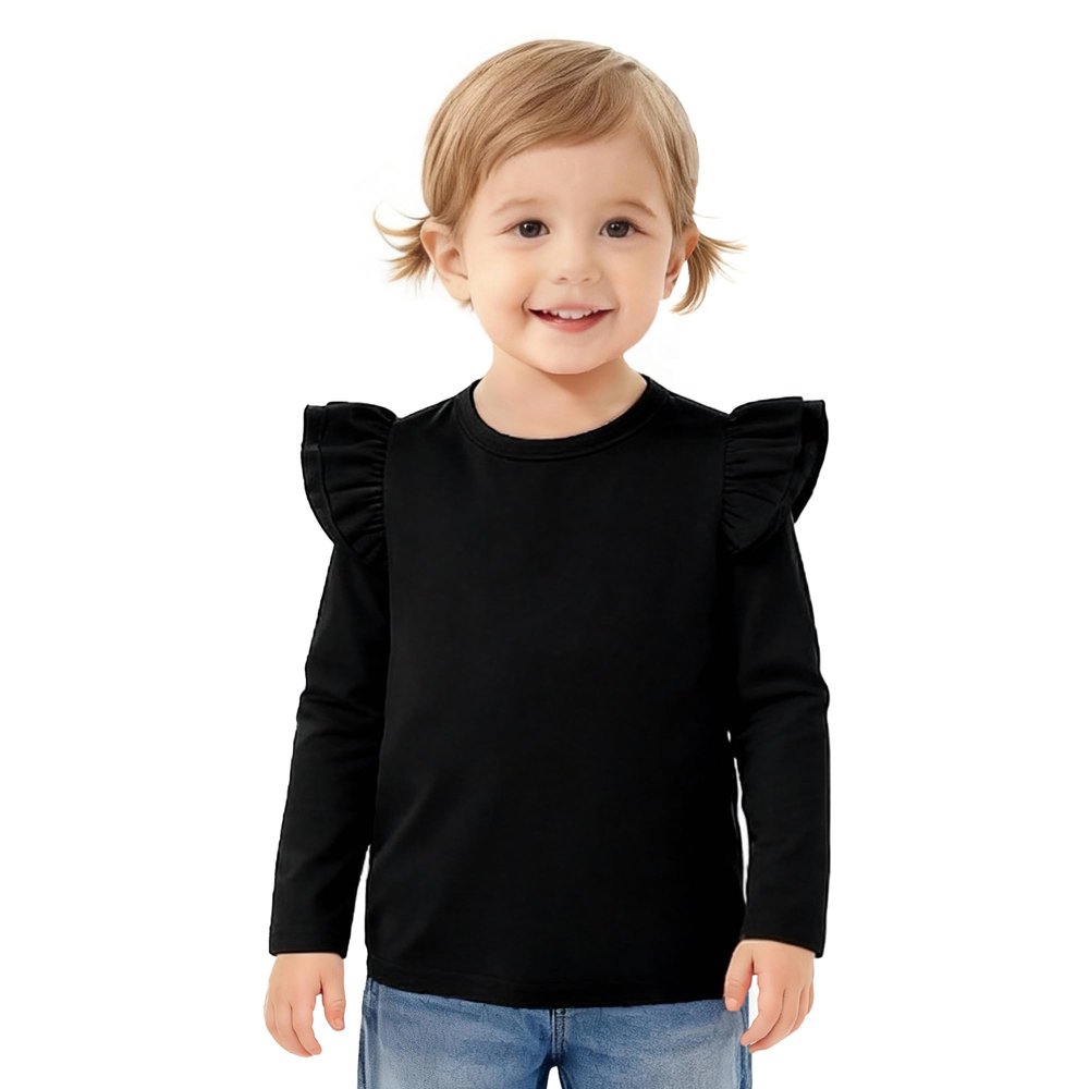 Magic Park 12M-14Y Baby Girl Blouse Toddler Short Long Ruffle T-Shirts Kids Girl Solid Color Tee Casual Tops for Girls (0032A_Black, 5-6 Years)