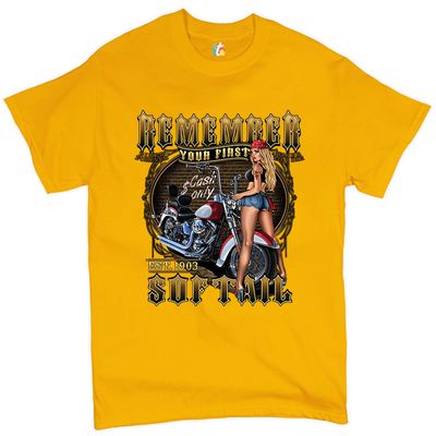 Remember Your First Softail T-Shirt MC Biker Forever Pin-up Girl Men's Tee Yellow XX-Large