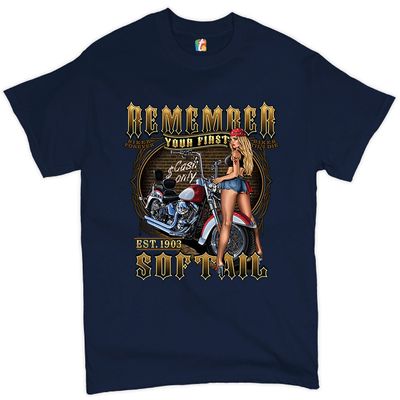 Remember Your First Softail T-Shirt MC Biker Forever Pin-up Girl Men's Tee Navy Blue XX-Large
