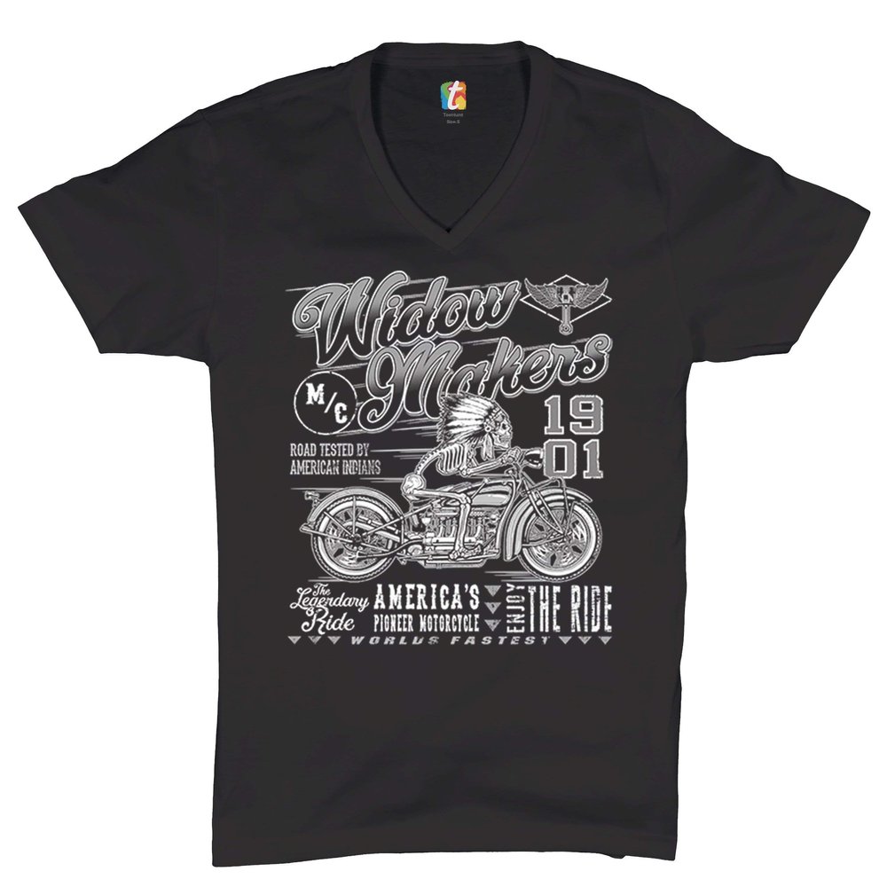 M/C Widowmakers 1901 V-Neck T-Shirt Native American Bikers Motorcycle Club Tee Black Small