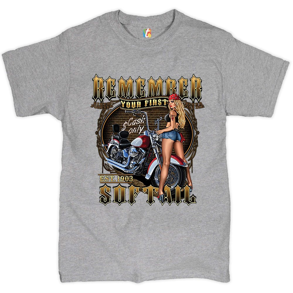 Remember Your First Softail T-Shirt MC Biker Forever Pin-up Girl Men's Tee Sport Gray XX-Large