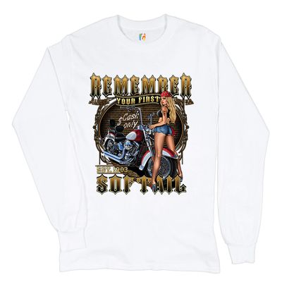 Remember Your First Softail Long Sleeve T-Shirt MC Biker Forever Pin-up Girl White Small