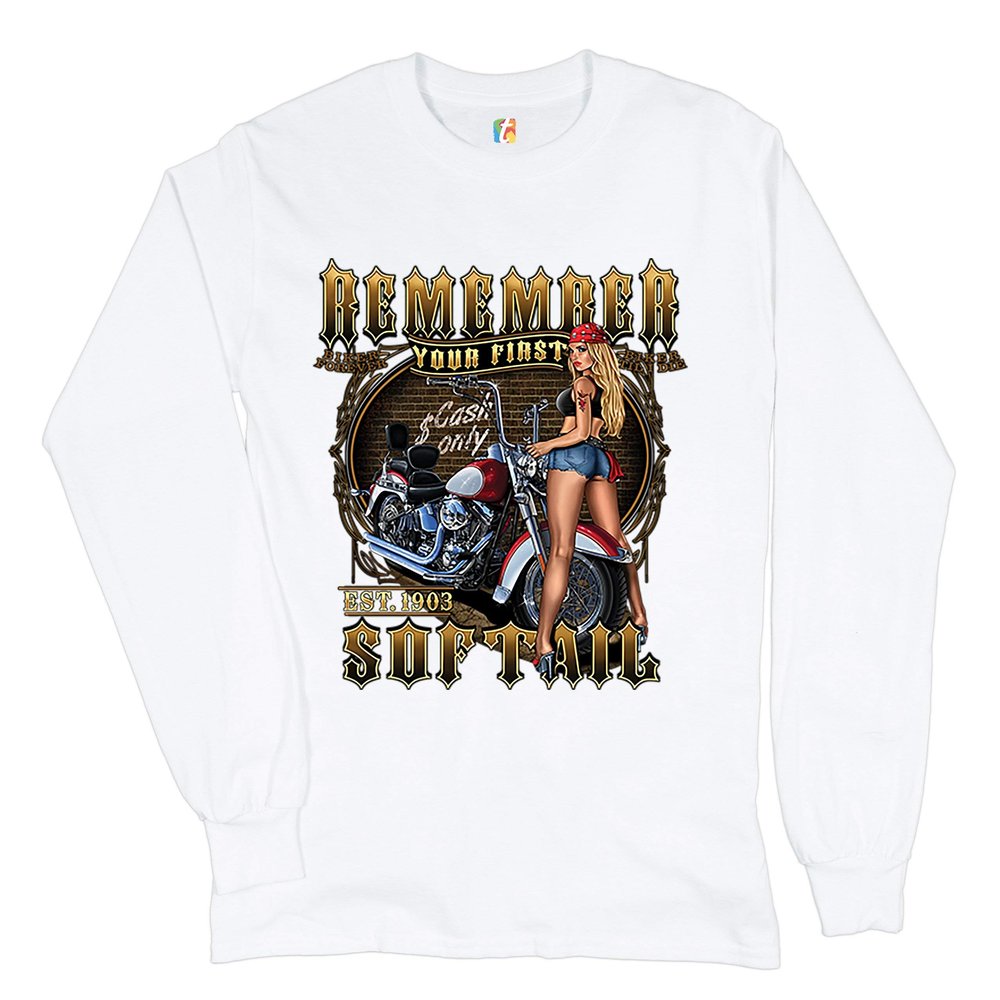 Remember Your First Softail Long Sleeve T-Shirt MC Biker Forever Pin-up Girl White Small