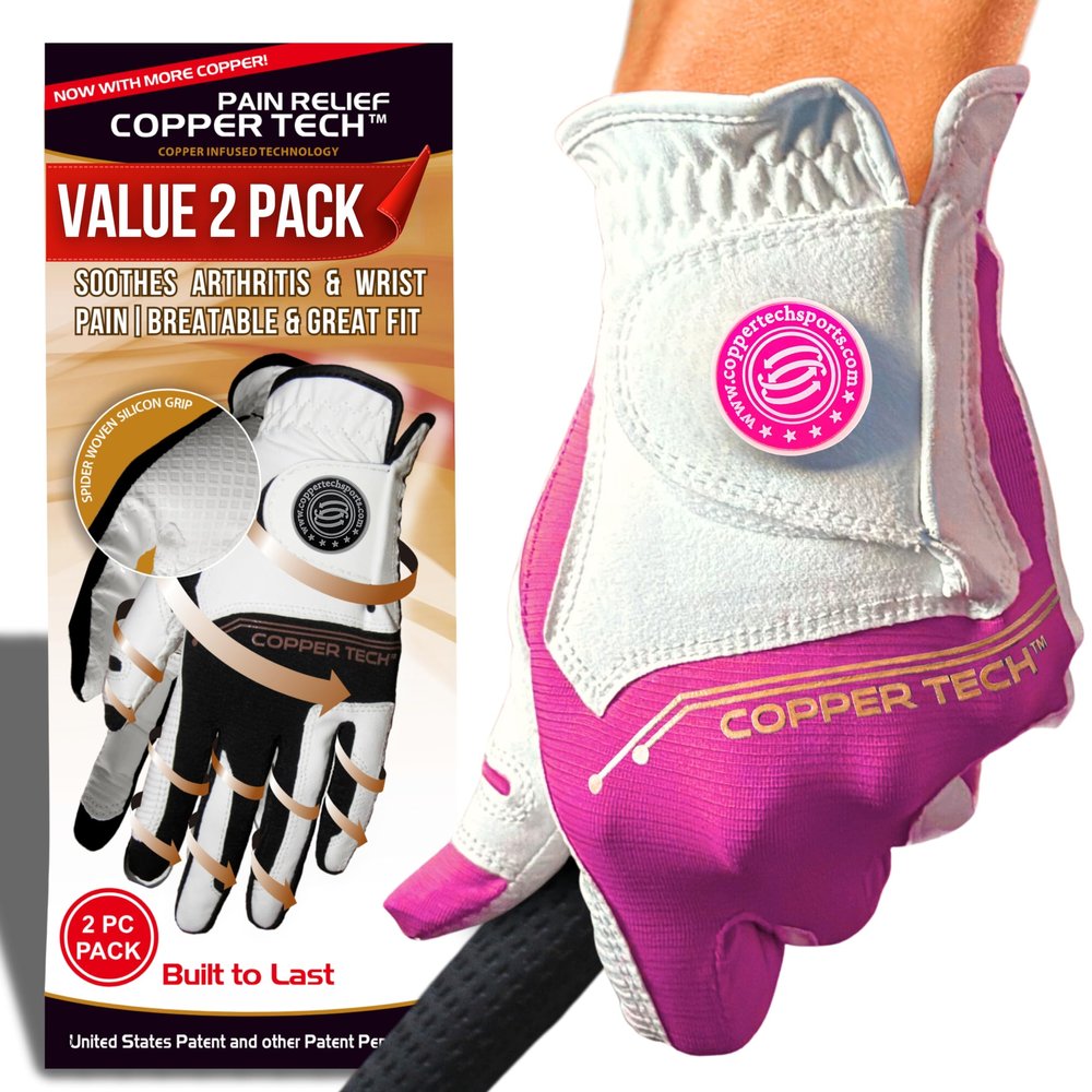 Copper Tech Ladies Golf Gloves Women Right Handed Golfer or Left Handed Golfer 2 Pack | Copper Compression Joint Support with Flexible & Comfortable Fit (White/Fuchsia, Medium-Large, Left)