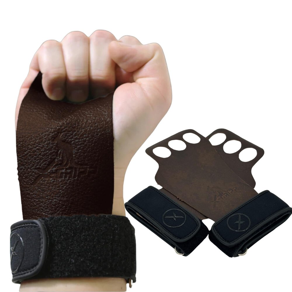 XEIRPRO X-GRIPP: Kangaroo Leather Hand Grips for Weight Lifting, and Cross Training - Gymnastics, Grips for Men and Women for Muscle and Pull ups - Tactical Grips (3 Finger, Chocolate Mocha, Small)