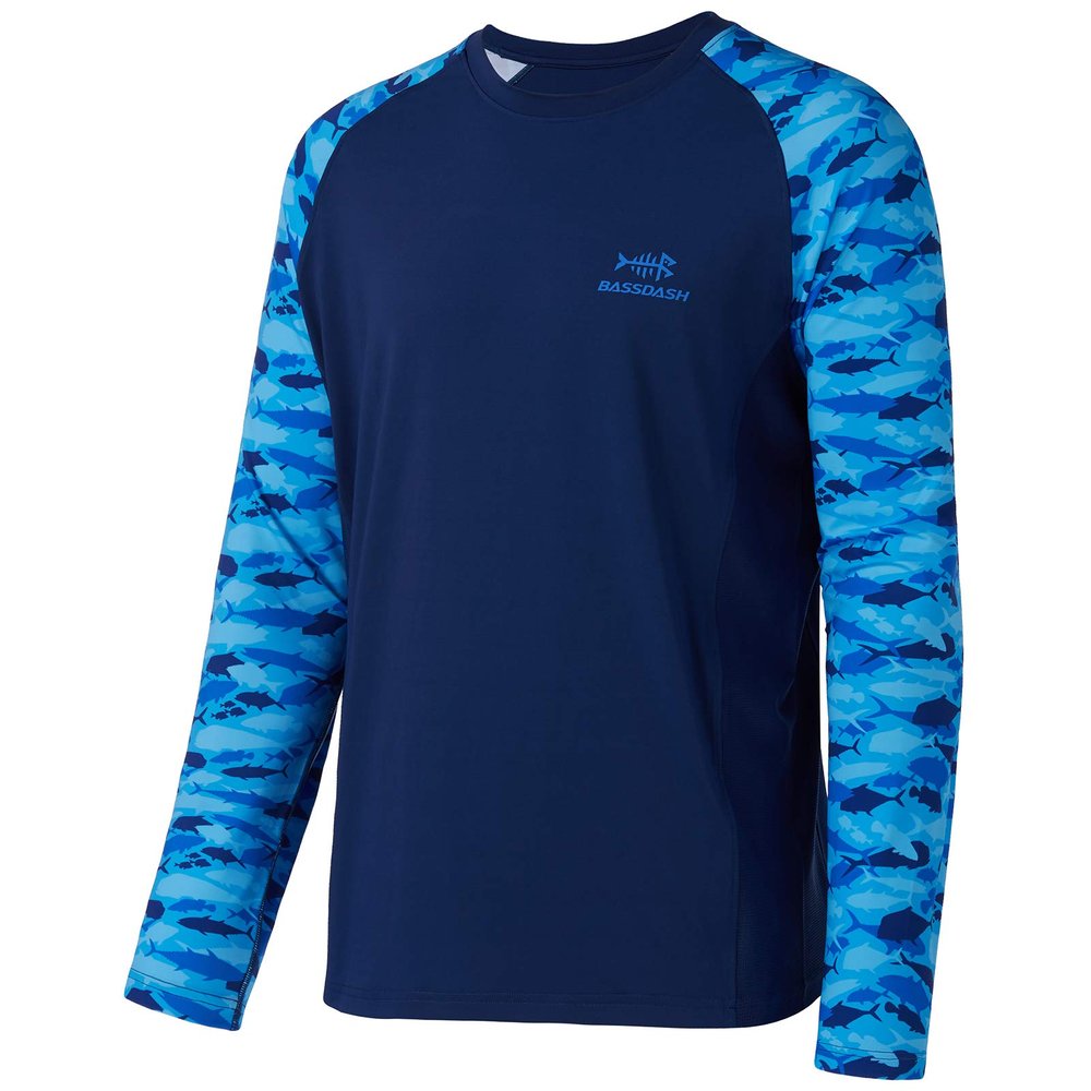 BASSDASH UPF 50 Fishing Tee for Men Camo Long Sleeve Shirt Quick Dry Sweatshirts (Dark Blue/Fish School, 5XL)