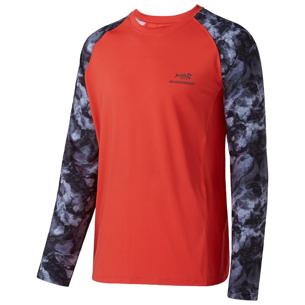 BASSDASH UPF 50 Fishing Tee for Men Camo Long Sleeve Shirt Quick Dry Sweatshirts (Coral Red/Splash Black, 5XL)