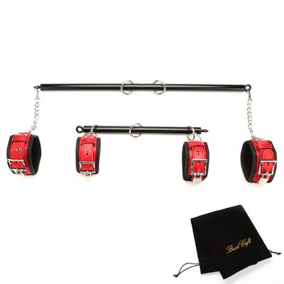 EXREIZST Expandable 2 Spreader Bar Set with 4 Premium Soft Pad Leather Straps Adjustable Indoor Home Gyms Aid Training Tools Kit, Black and Red