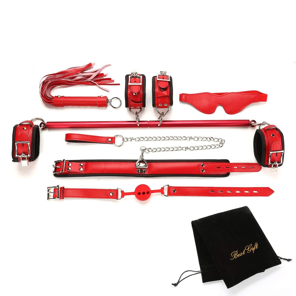 EXREIZST Adjustable Spreader Bar Set with Premium Soft Leather Pad Straps System Set Sports Aid Training Fitness Kit, Red