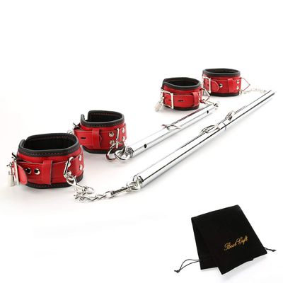 EXREIZST Expandable 2 Spreader Bar Set with 4 Premium Soft Pad Leather Straps Adjustable Indoor Home Gyms Aid Training Tools Kit, Silver and Red