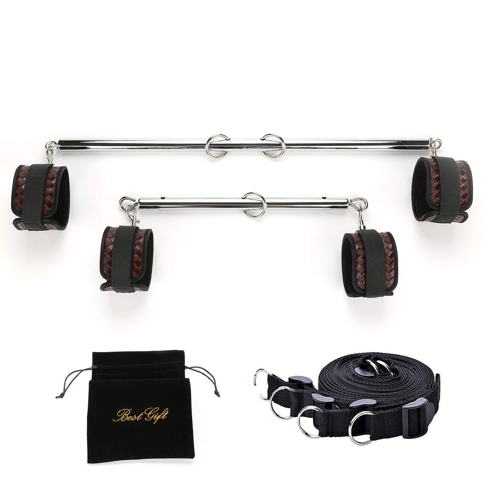 EXREIZST Adjustable 2 Spreader Bar Set with 4 Fur Leather Straps with Nylon Belts Expandable Home Gyms Sports Training Kit, Silver and Brown
