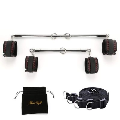 EXREIZST Adjustable 2 Spreader Bar with 4 Fur Leather Straps with Nylon Belts Sports Aid Training Fitness Set Kit, Silver and Brown