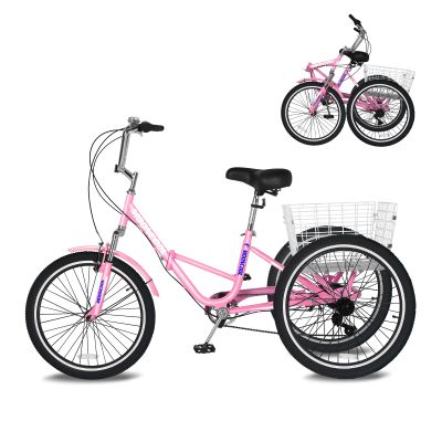 MOPHOTO Adult Folding Tricycle 7 Speed 20/24/26 Inch, 3 Wheel Bike for Seniors Women Men, Low Step-Through Cruiser Bicycle with Large Cargo Basket & Adjustable Seat