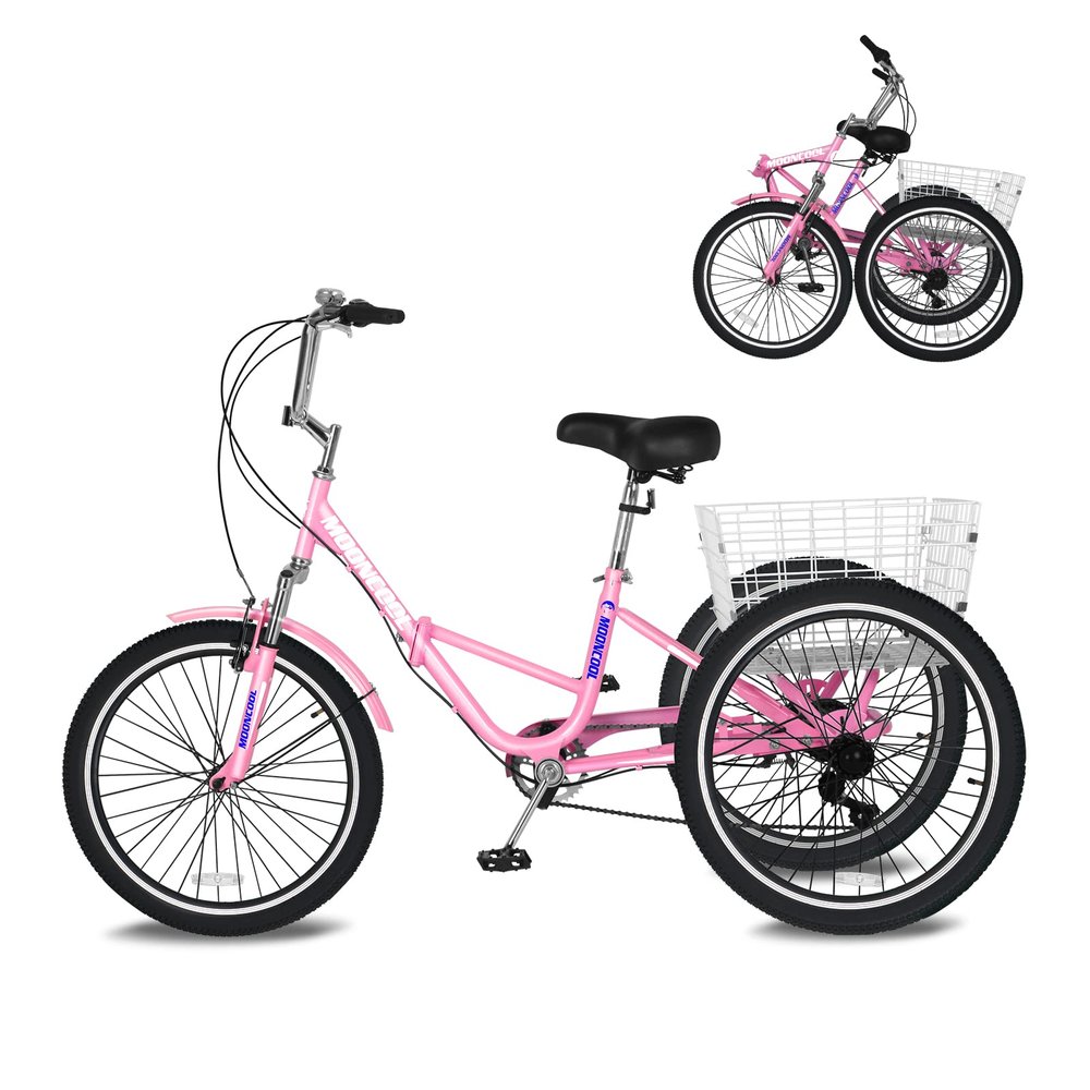MOPHOTO Adult Folding Tricycle 7 Speed 20/24/26 Inch, 3 Wheel Bike for Seniors Women Men, Low Step-Through Cruiser Bicycle with Large Cargo Basket & Adjustable Seat