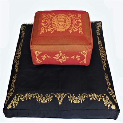 Boon Decor Meditation Cushion Set Rectangular Zafu Pillow Zabuton - Silkscreen Sacred Symbol (Longevity Saffron)