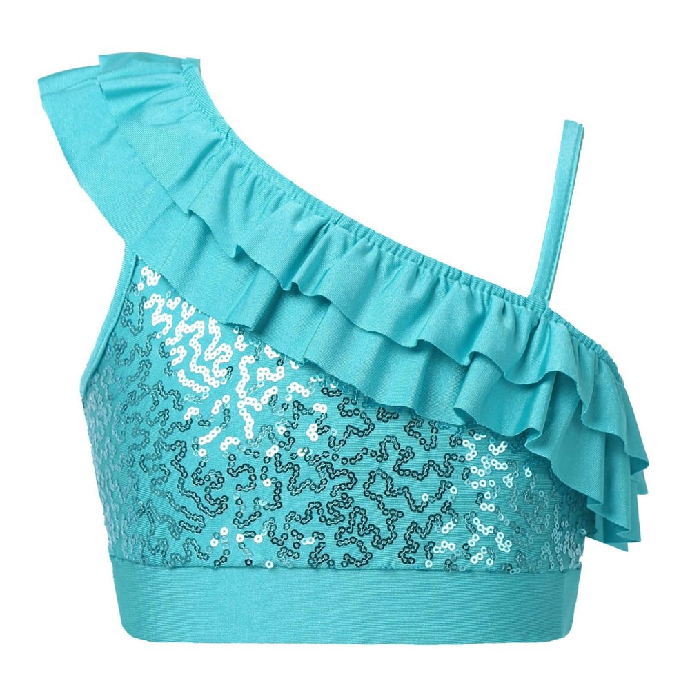 FEESHOW Girls Sequin Ruffled One Shoulder Ballet Dance Crop Tops Jazz Modern Dance wear Performance Costumes Blue 14