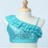 FEESHOW Girls Sequin Ruffled One Shoulder Ballet Dance Crop Tops Jazz Modern Dance wear Performance Costumes Blue 14 view 3