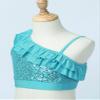 FEESHOW Girls Sequin Ruffled One Shoulder Ballet Dance Crop Tops Jazz Modern Dance wear Performance Costumes Blue 14 view 4