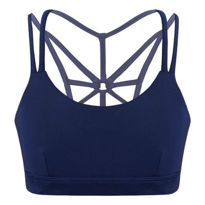 QinCiao Junior Youth Big Girls Racer Back Athletic Sports Padded Training Bra Yoga Workout Gym Fitness Crop Tops Navy_Blue Cross Back 4