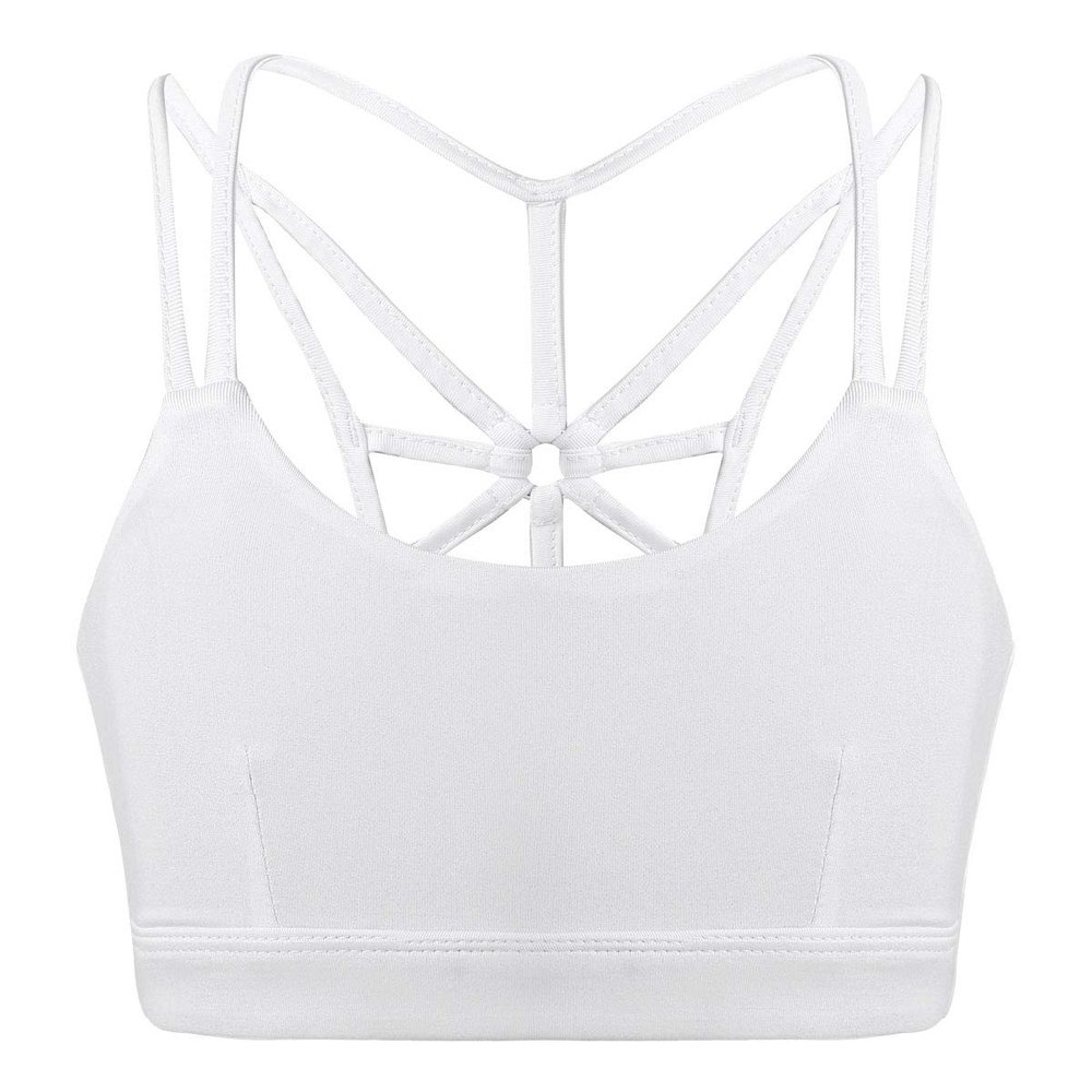 QinCiao Junior Youth Big Girls Racer Back Athletic Sports Padded Training Bra Yoga Workout Gym Fitness Crop Tops Ivory Cross Back 4